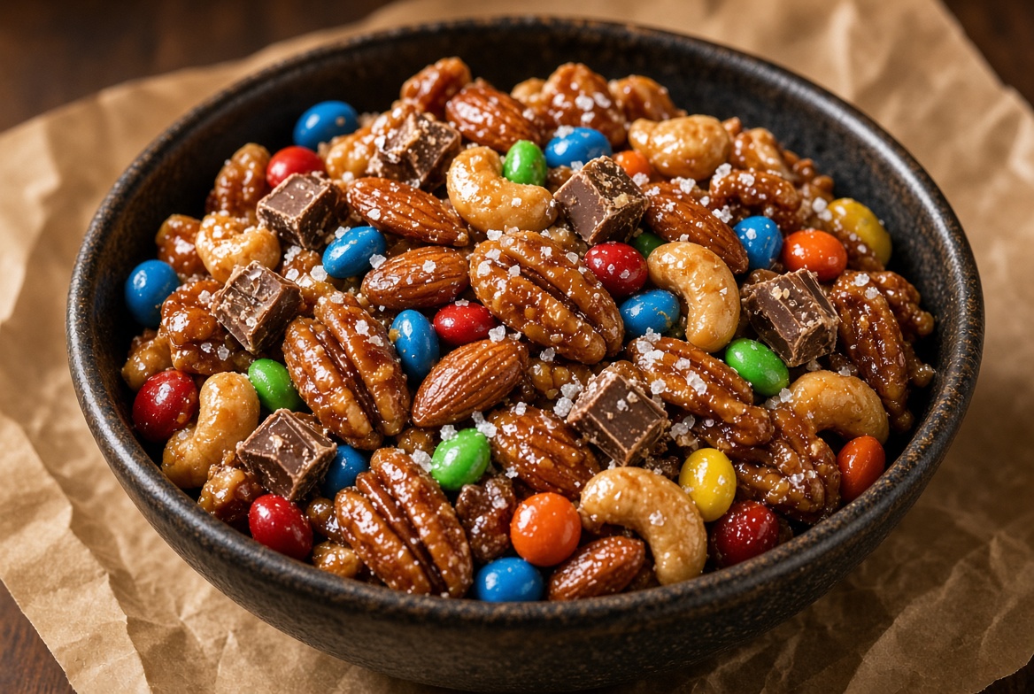 Candied nuts tossed with candy-coated chocolates and crushed chocolate
