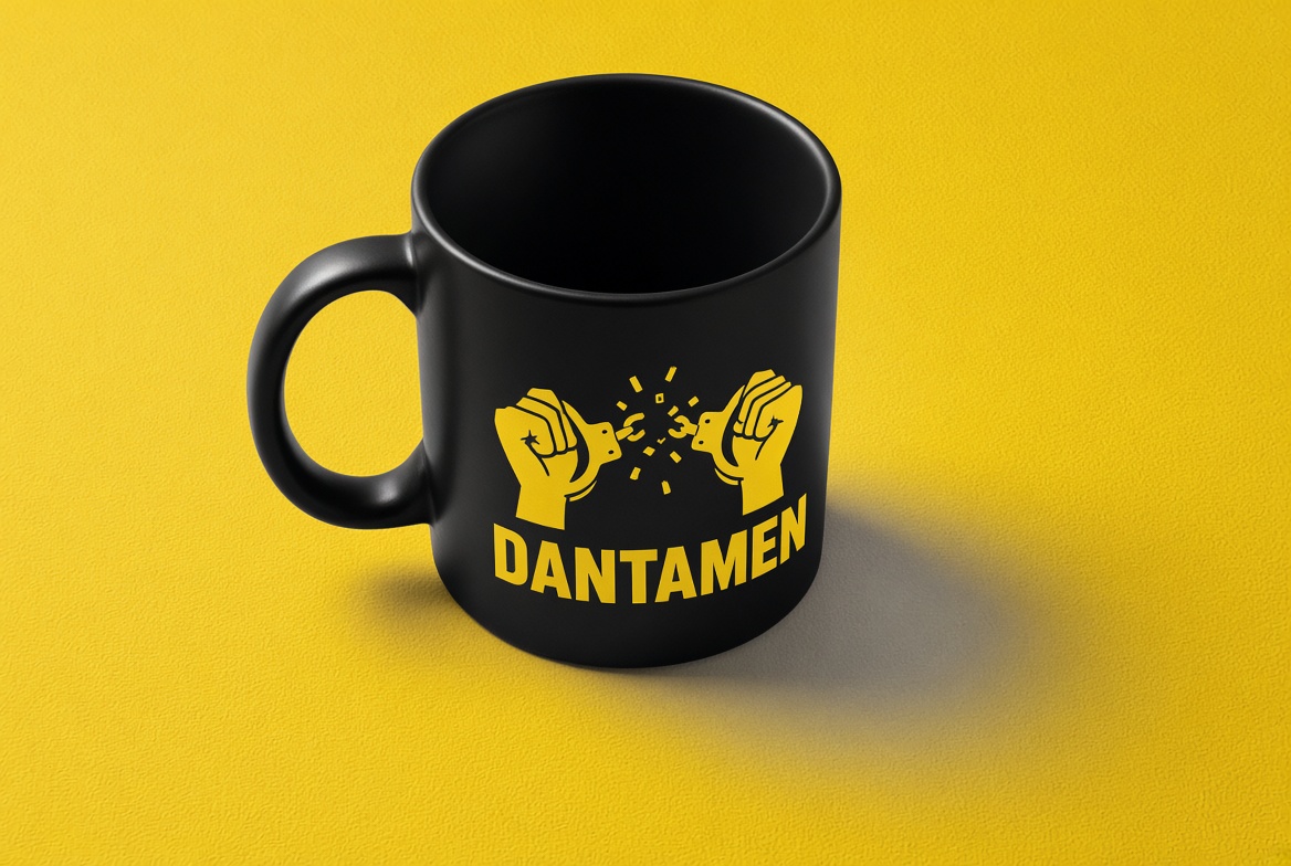 Black DANTAMEN mug with yellow breaking-cuffs logo