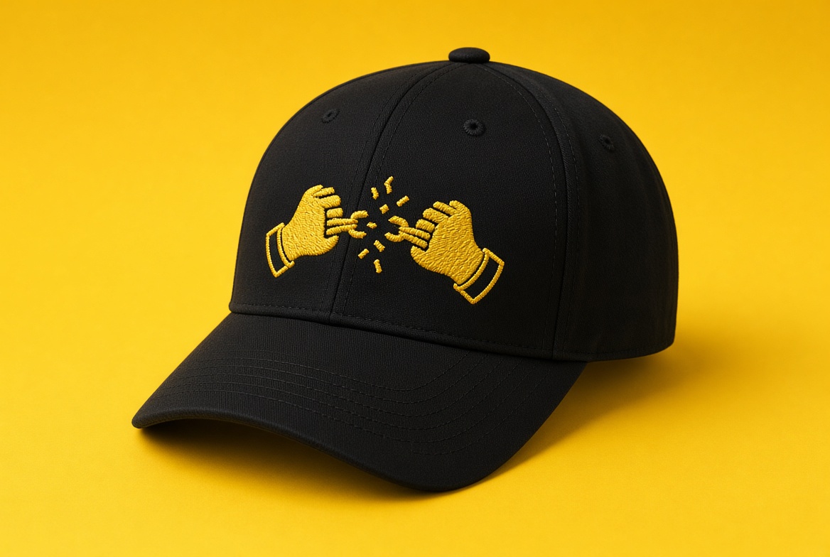 Black DANTAMEN hat with yellow breaking-cuffs logo