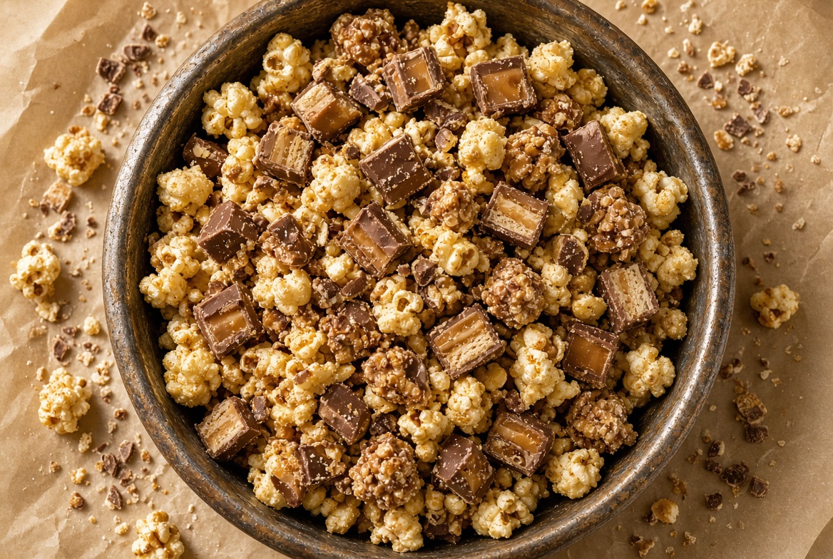Bowl of kettlecorn tossed with crushed chocolate candy