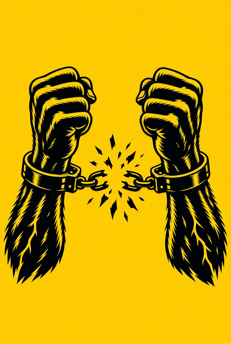Two wrists breaking the center link of a pair of handcuffs