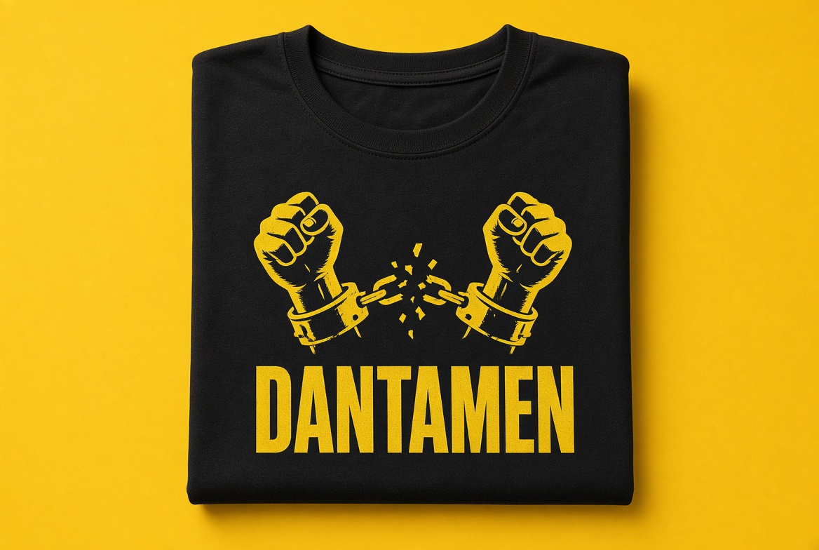 Black DANTAMEN shirt with yellow breaking-cuffs logo