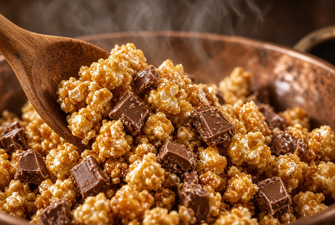 Warm kettlecorn being tossed with chocolate pieces